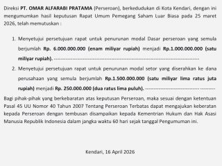 PENGUMUMAN PENGURANGAN MODAL PT. OMAR ALFARABI PRATAMA