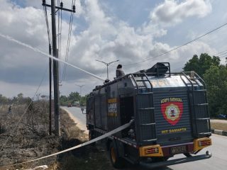 Respon Cepat Personel SAR Ditsamapta Polda Sultra Lakukan Penyiraman Lahan Terbakar di Poasia
