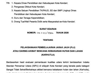 Kualitas Udara Memburuk Akibat Karhutla, Pemkot Kendari Terapkan Sekolah Daring 16–23 Oktober 2026