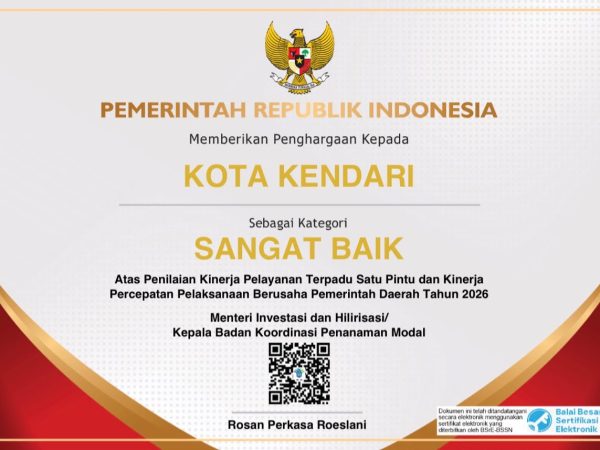 Pemkot Kendari Raih Predikat Sangat Baik dalam Penilaian Kinerja PTSP dan Percepatan Berusaha 2026